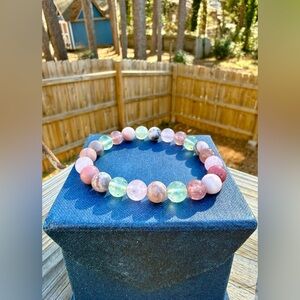 Pink Quartz  Moonstone & Prehnite Mix Gemstone Round Bead Stretch Bracelet